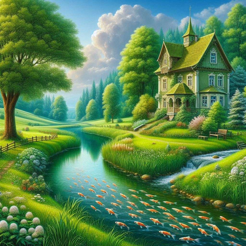 Un pré vert, une maison, une rivière puzzle en ligne