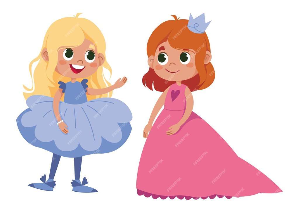 Vector two girls schoolgirls in elegant dresses ar online puzzle