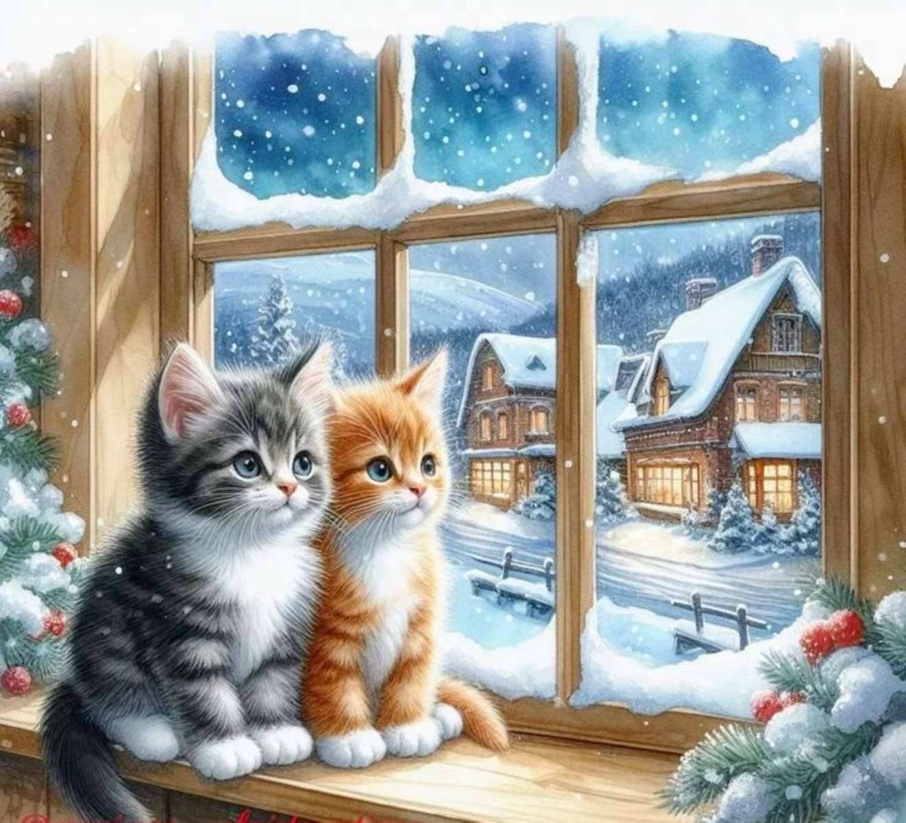 due gattini alla finestra per natale puzzle online