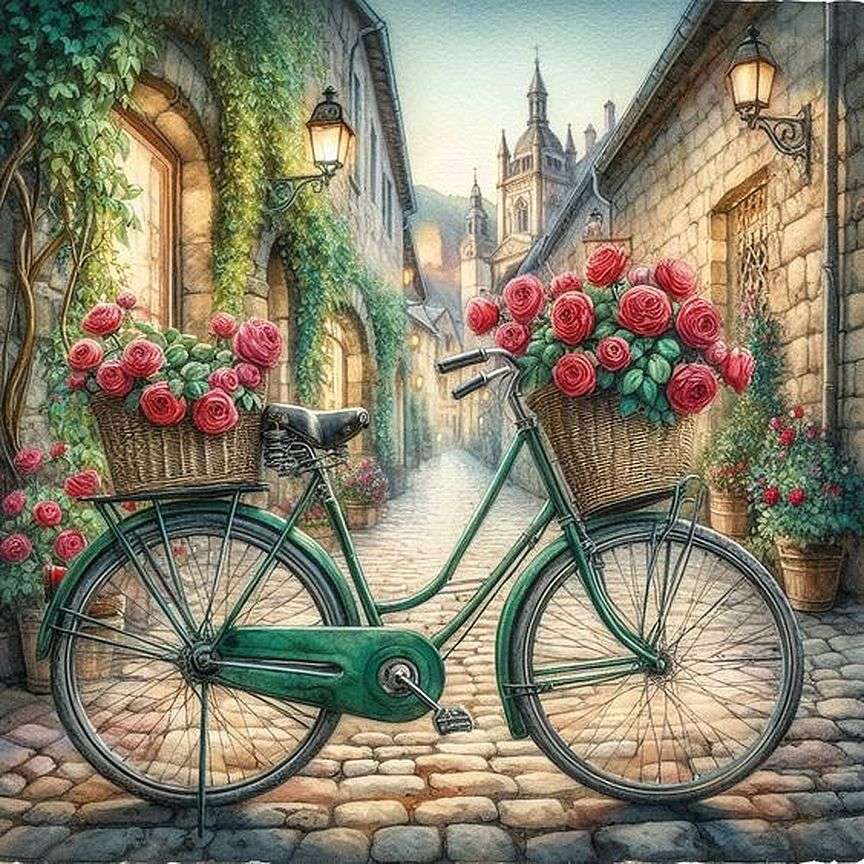 Green bicycle, red roses online puzzle