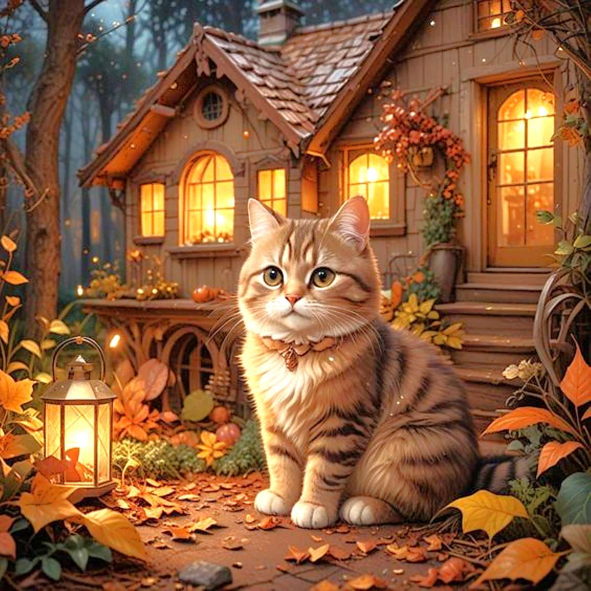 een kat 's nachts in de herfst legpuzzel online