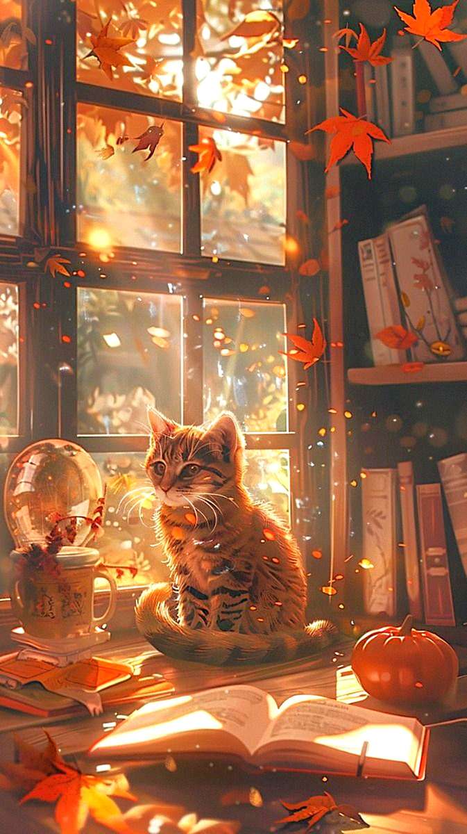 Eine Katze am Fenster im Herbst Online-Puzzle