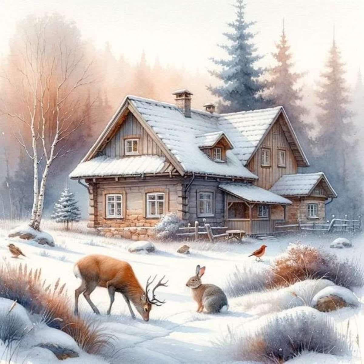 casa in legno nella natura innevata puzzle online