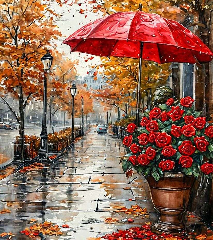 Rosas vermelhas, guarda-chuva vermelho puzzle online