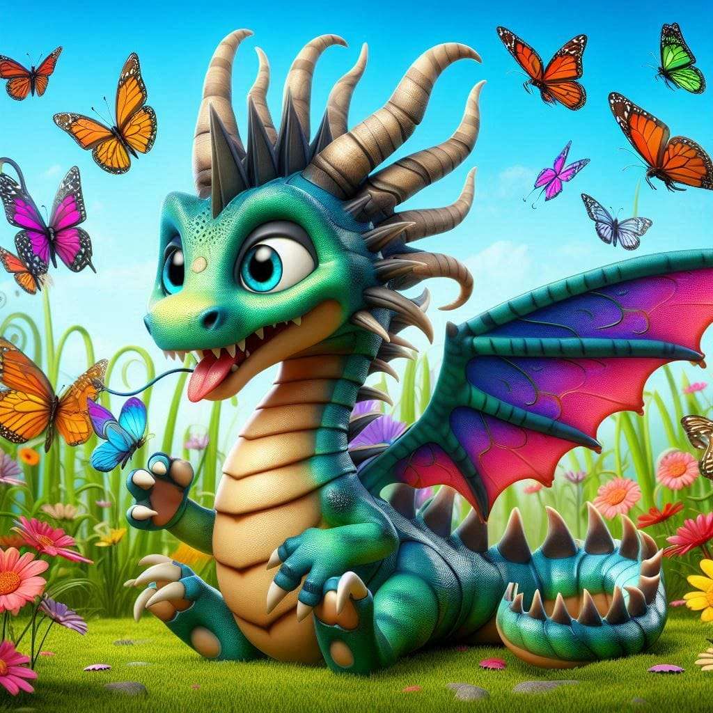 Kleiner Drache mit Schmetterlingen Puzzlespiel online