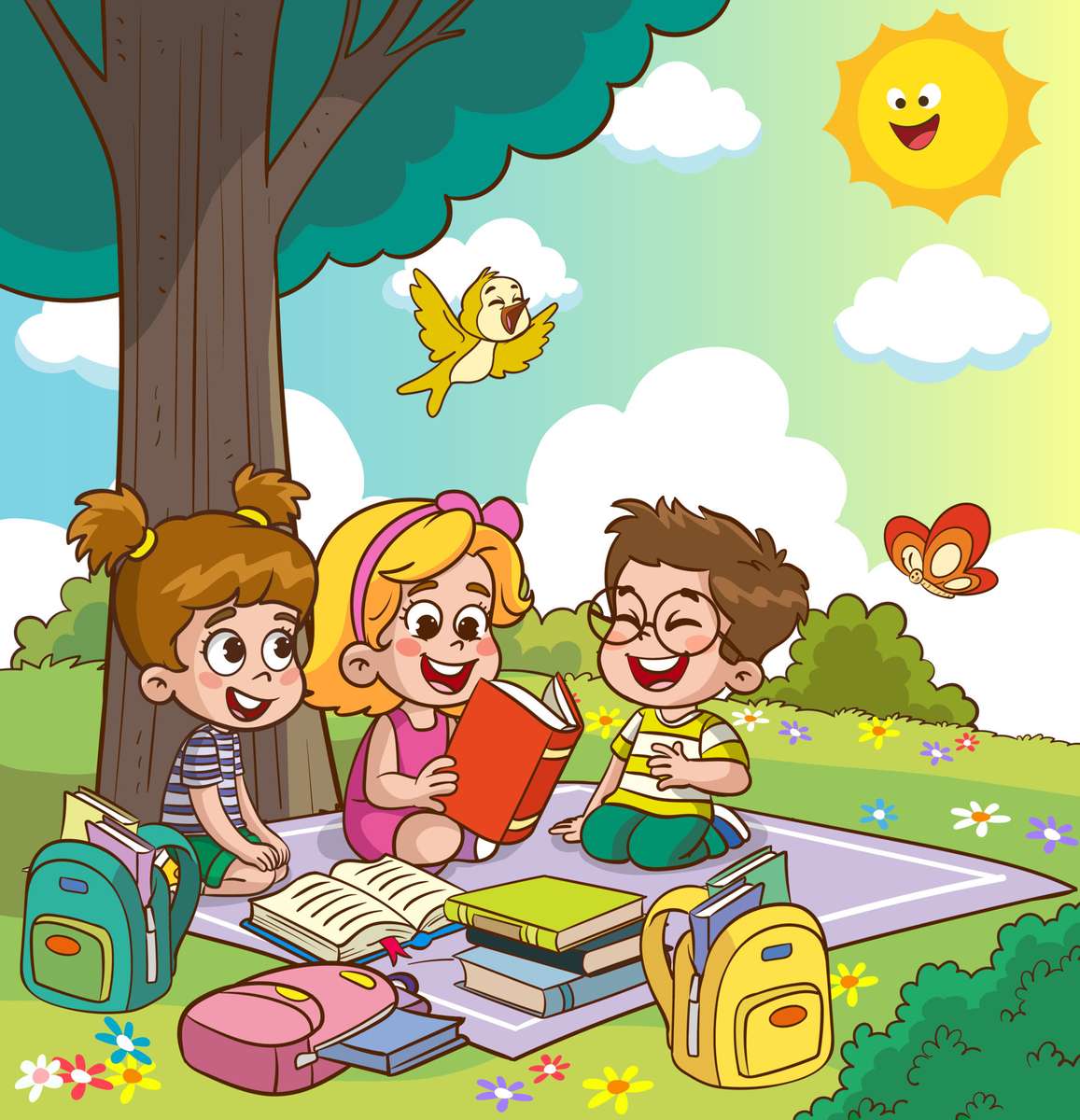 Children studying under a tree online puzzle