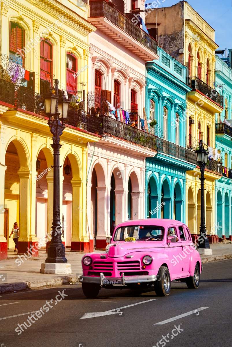 La Havane Cuba, Taxi Rose, Bâtiments Colorés puzzle en ligne