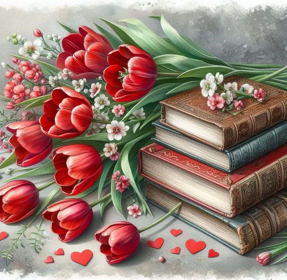 Livres et tulipes rouges puzzle en ligne