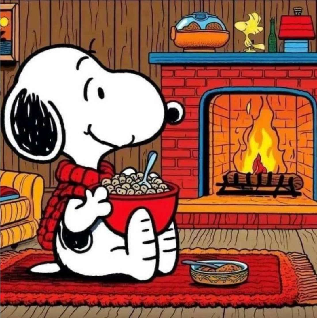 Snoopy a tűz mellett vacsorázik online puzzle