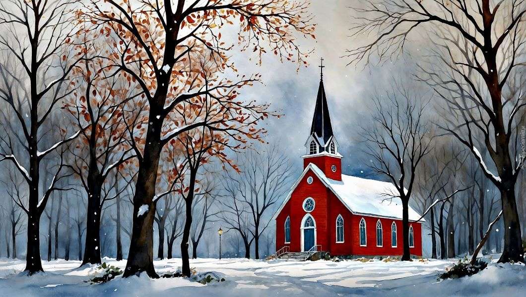 Igreja vermelha coberta de neve na floresta puzzle online