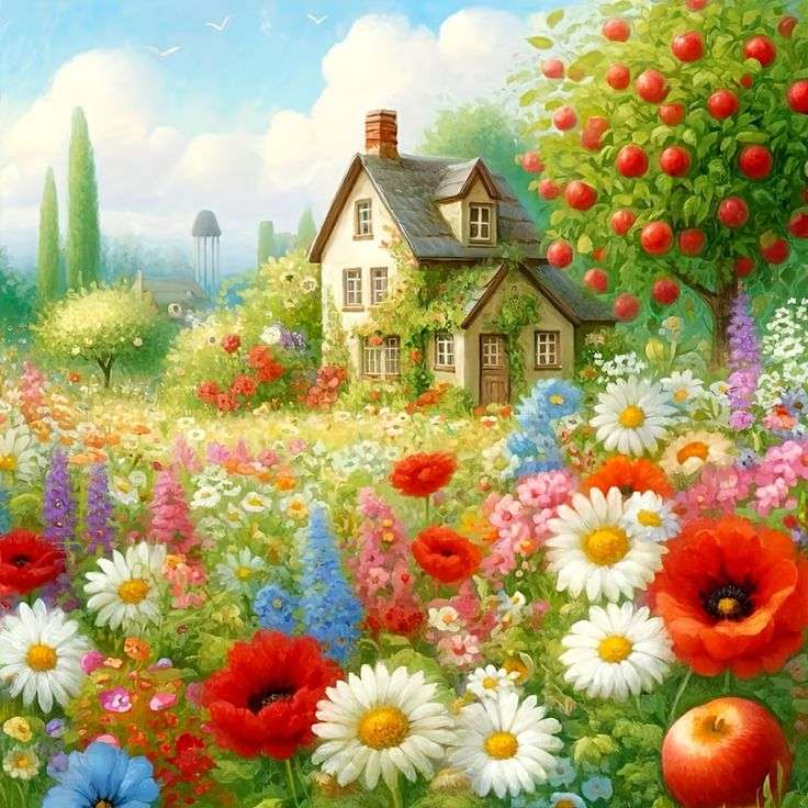 Paesaggio floreale del cottage puzzle online