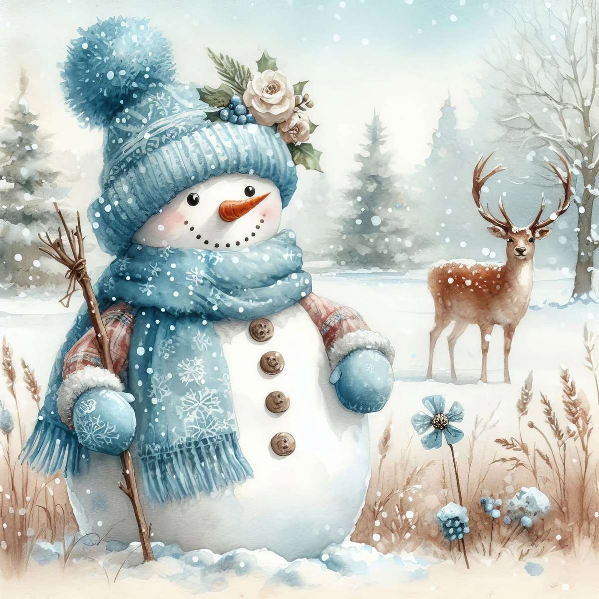 Snowman in Blue with Deer jigsaw puzzle online