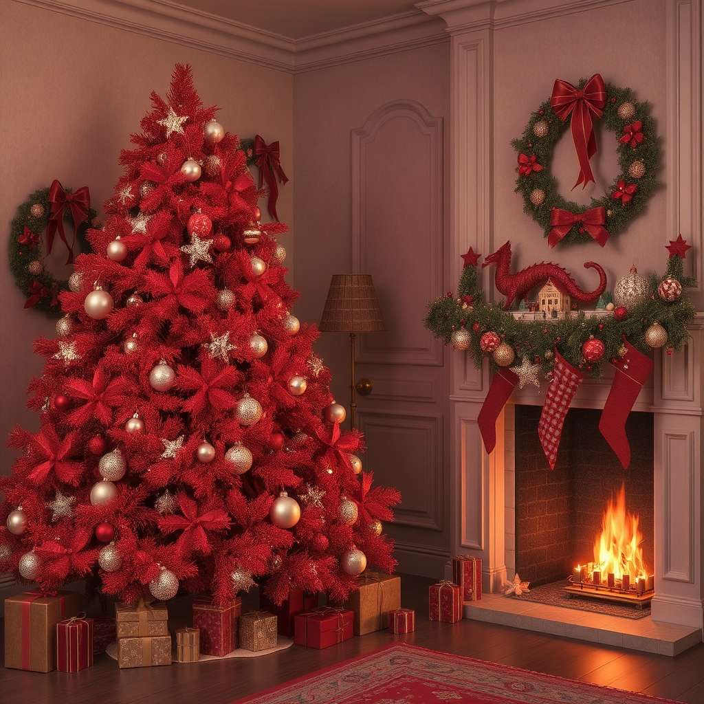 Red Christmas Tree By The Fireplace online puzzle