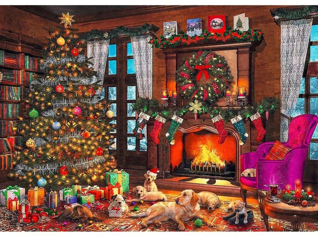 Die Hunde liegen im Weihnachtshaus. Puzzlespiel online