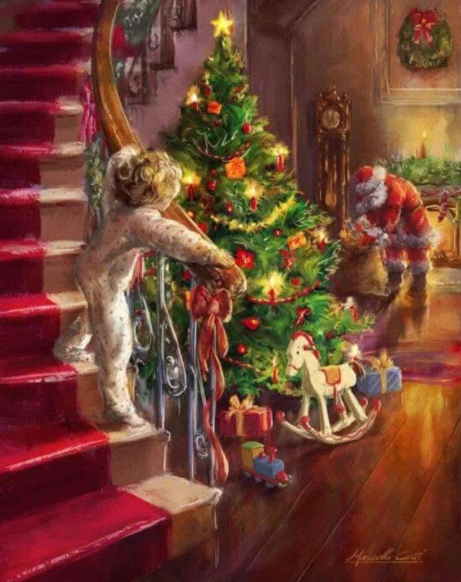 Den Weihnachtsmann von der Treppe aus ausspionieren. Online-Puzzle