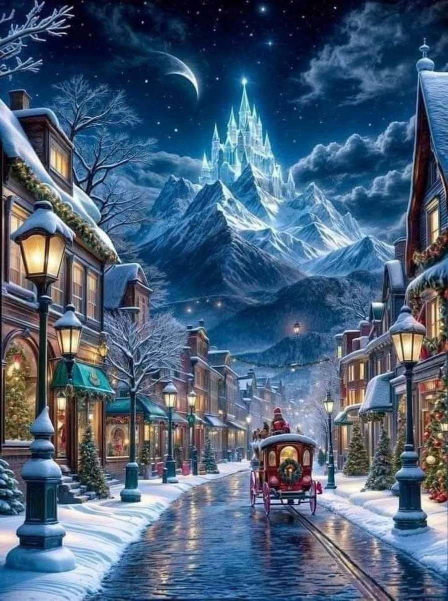 street decorated for Christmas and its castle online puzzle