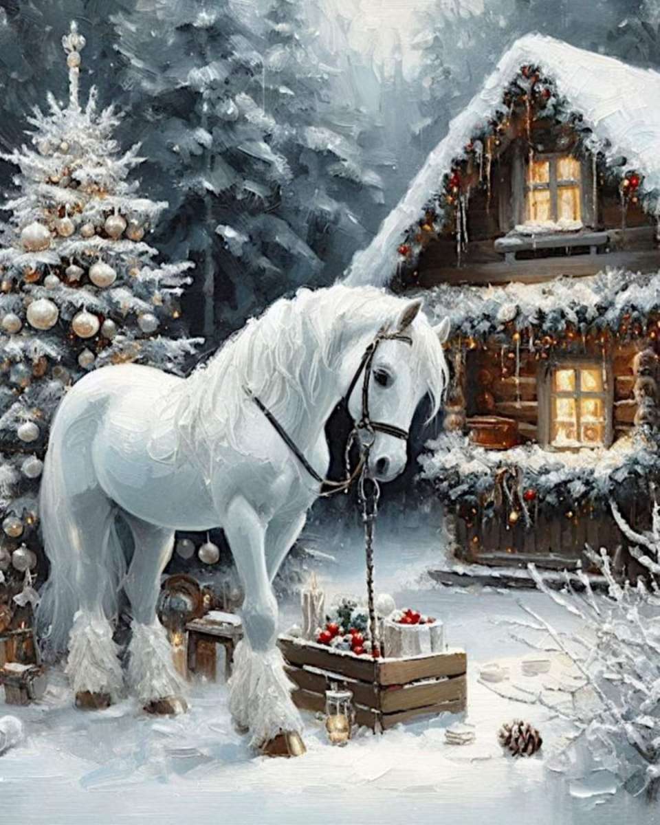 house decorated for christmas and a white horse jigsaw puzzle online