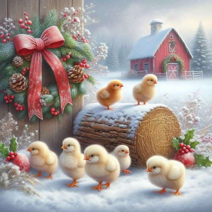 Chicken in the Christmas snow jigsaw puzzle online