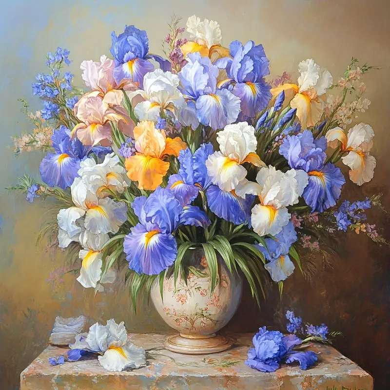 blooming irises in a vase jigsaw puzzle online