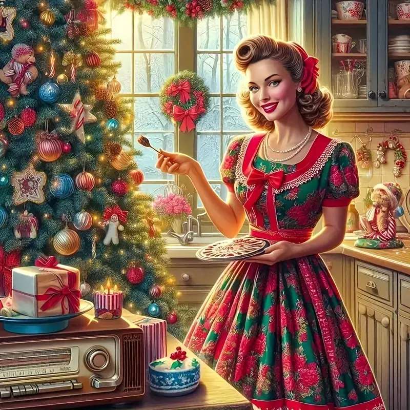 schöne Dame am Weihnachtsbaum Online-Puzzle