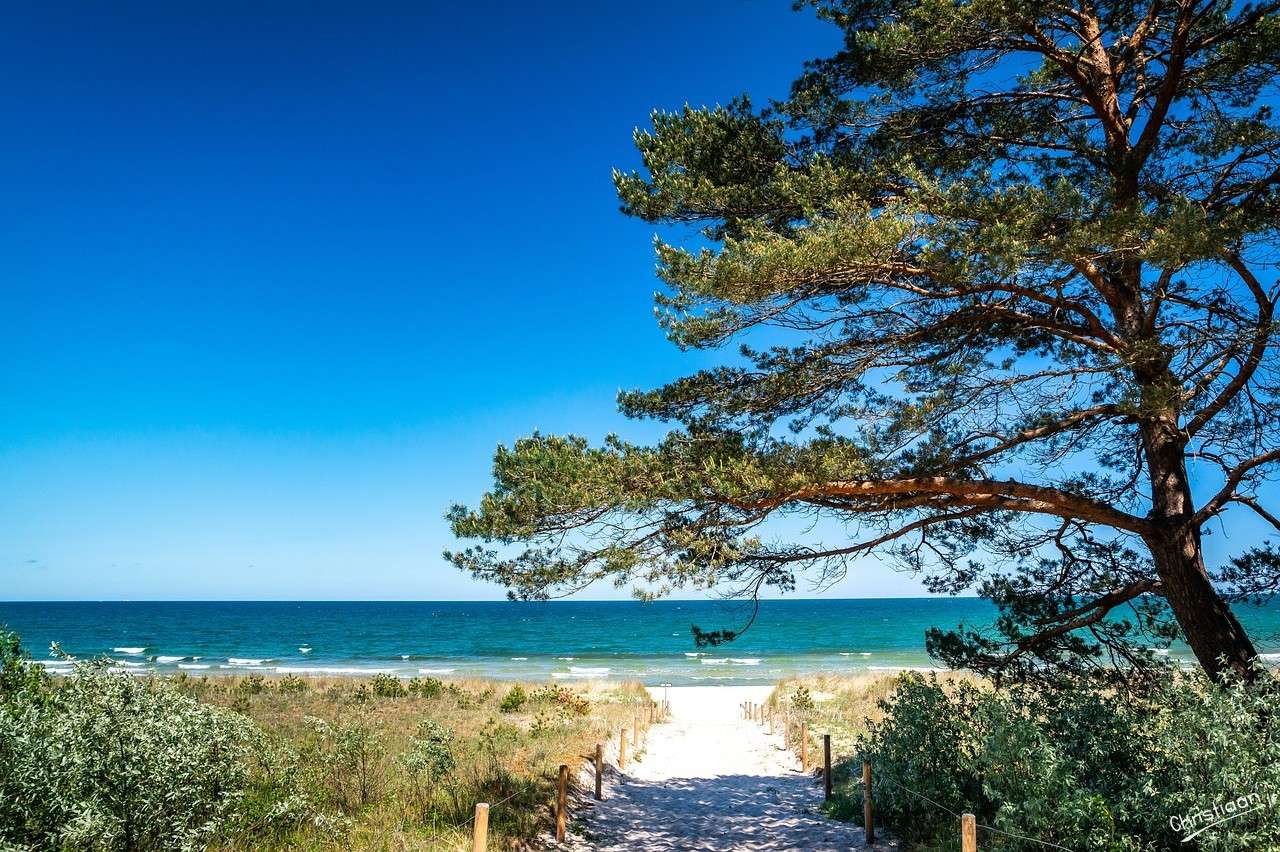 Hav, kustlinje, strand, himmel. pussel på nätet