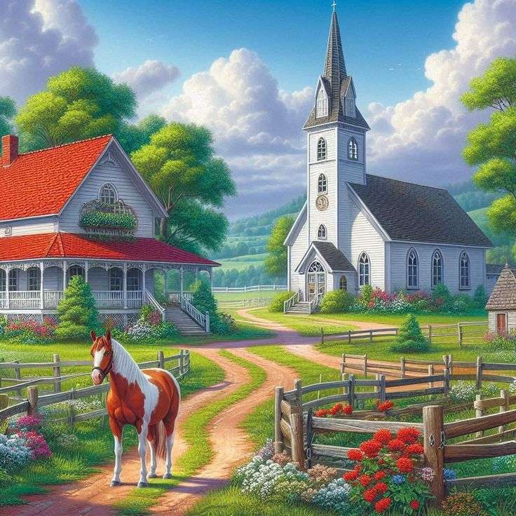 Paysage rustique avec cheval et église puzzle en ligne