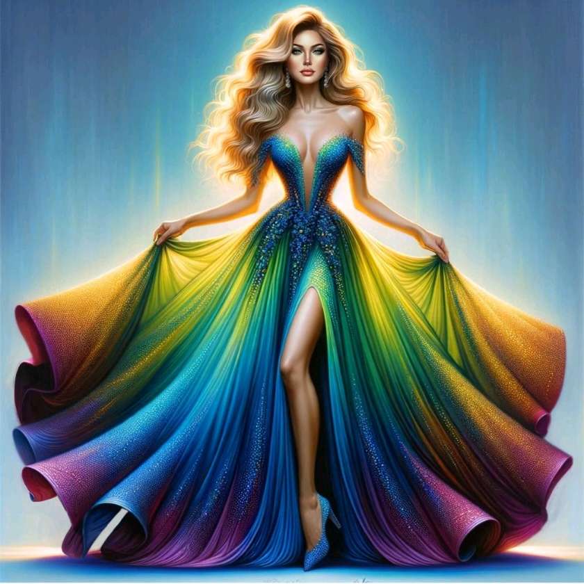 Frau in einem Regenbogenkleid Puzzlespiel online