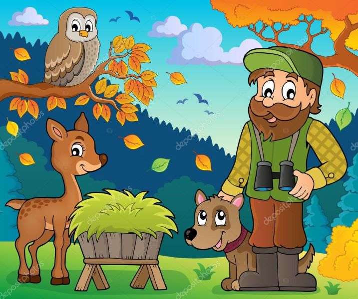 Az erdész és az állatok találkozása online puzzle