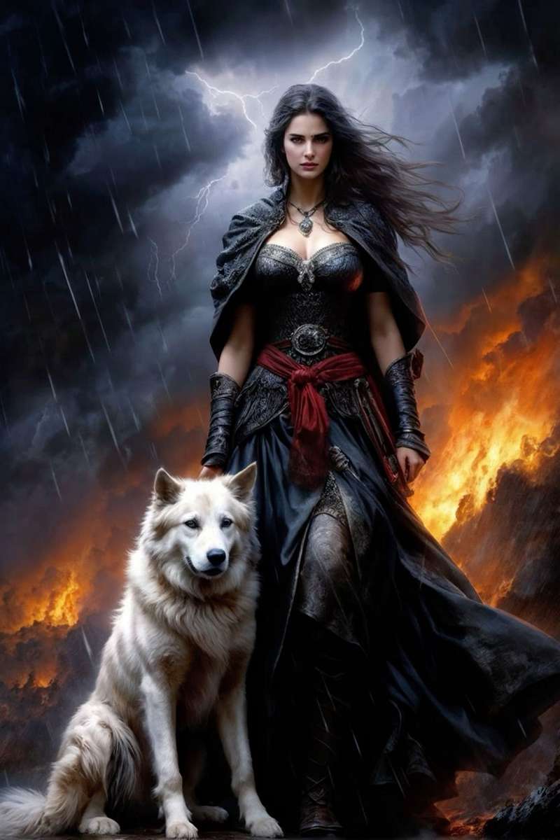 黒髪の女性と彼女の白いオオカミ ジグソーパズルオンライン