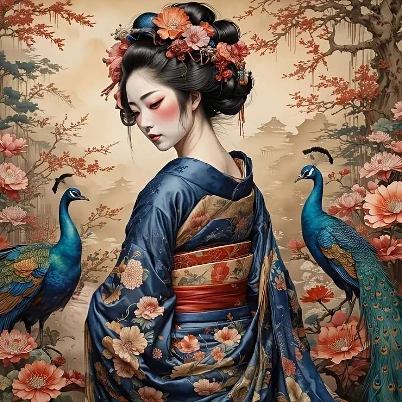 Japansk geisha och påfåglar pussel på nätet