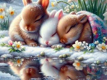 Bunnies sleeping near daffodils jigsaw puzzle online