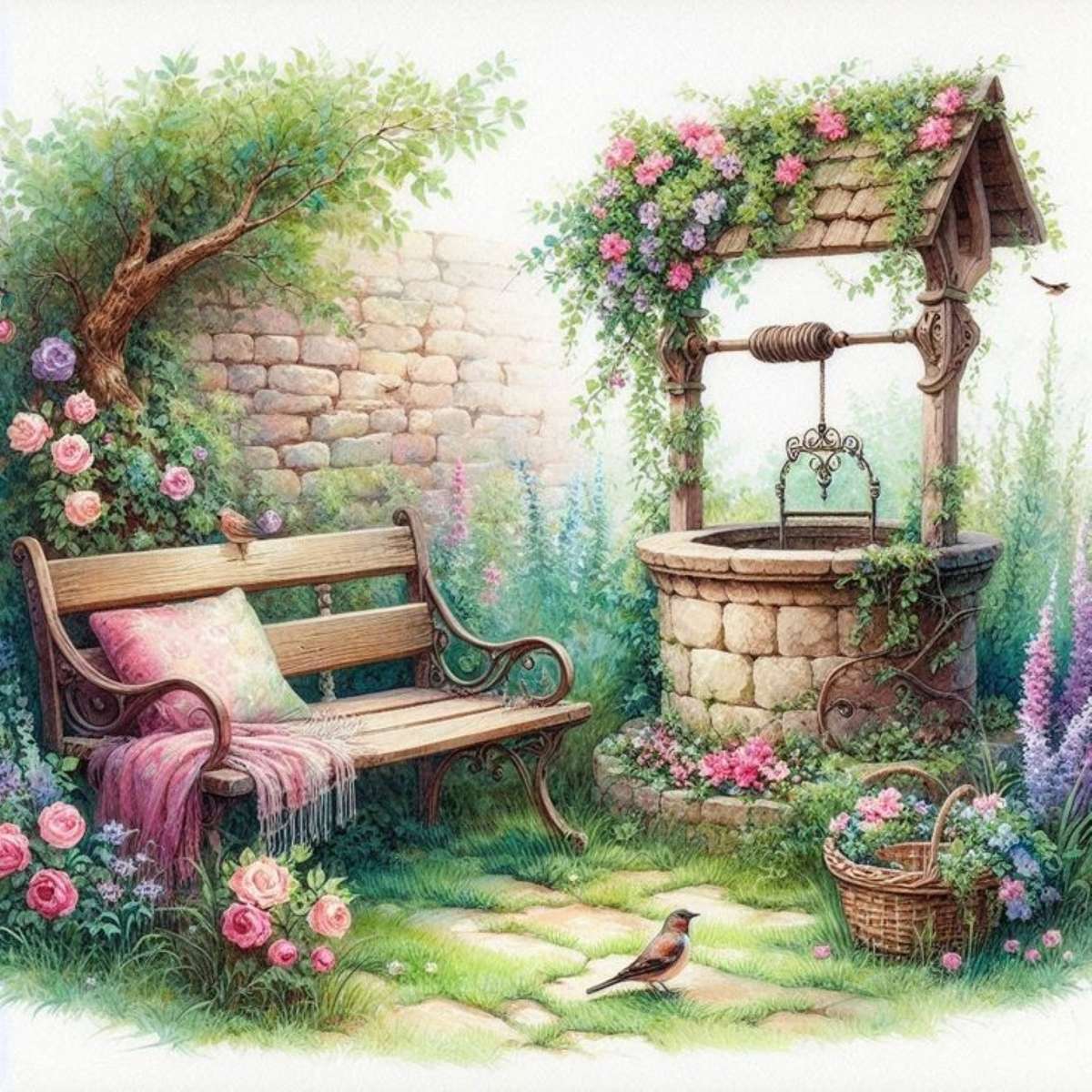 um banco e um poço entre as flores quebra-cabeças online