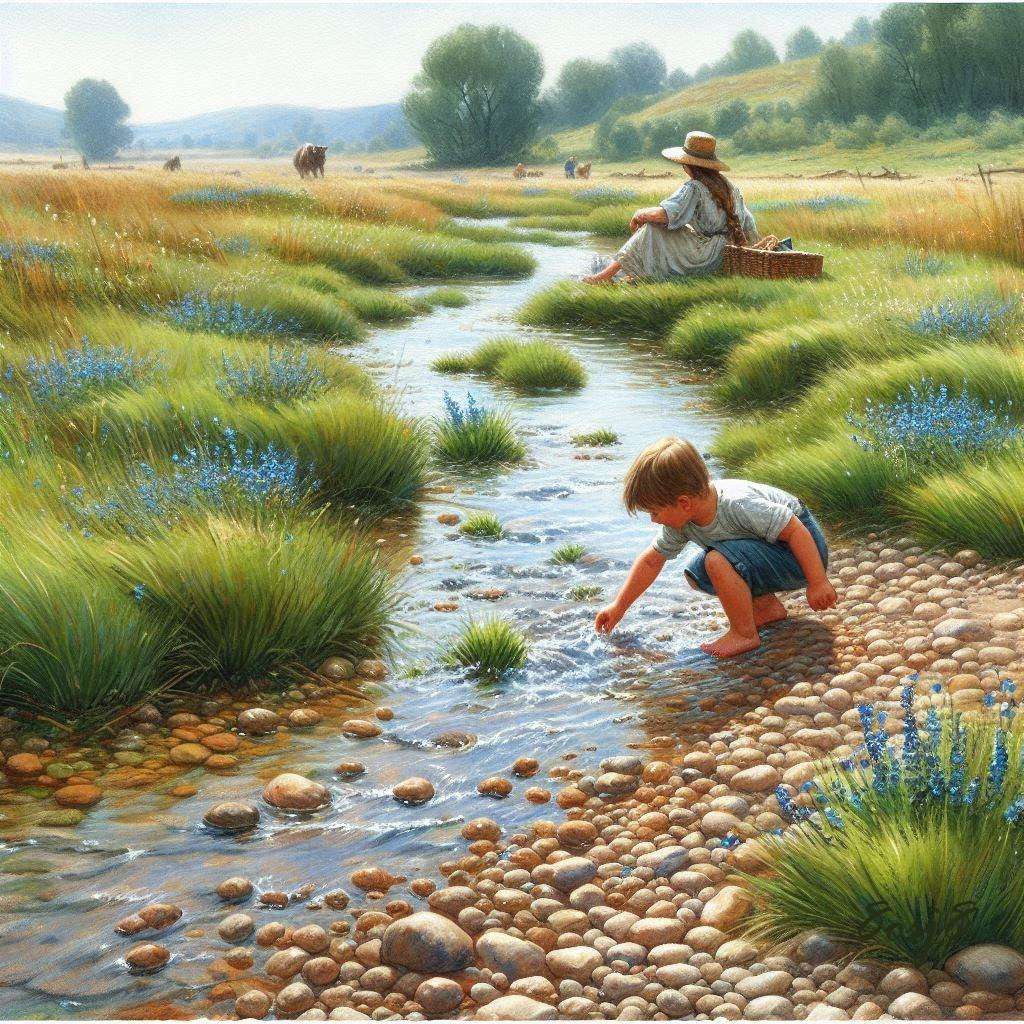 Een groot grasland in het midden van een beek legpuzzel online