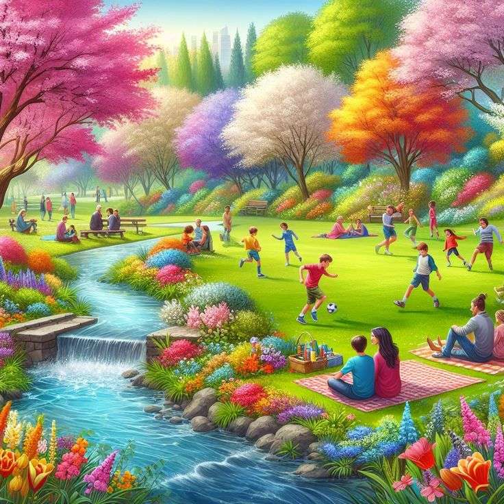Playing in the park on spring day online puzzle