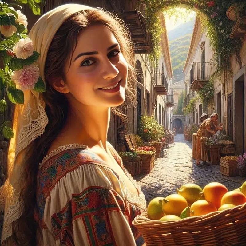 Egy lány, akinek kosár gyümölcse van kirakós online