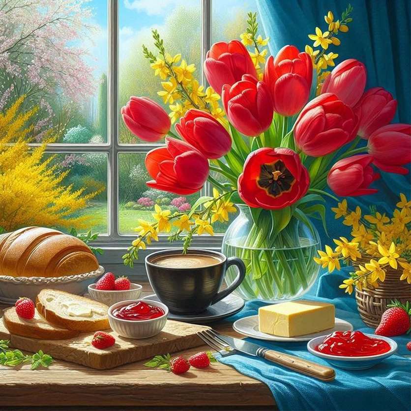 Frühstück und rote Tulpen Puzzlespiel online