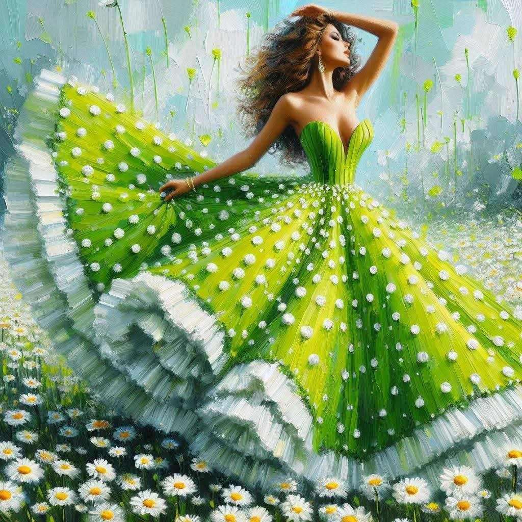 Senhora de verde em um campo de margaridas puzzle online