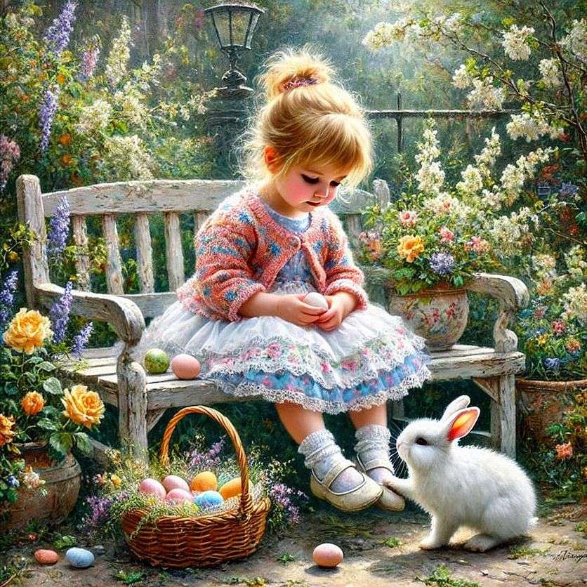 Girl and white bunny online puzzle