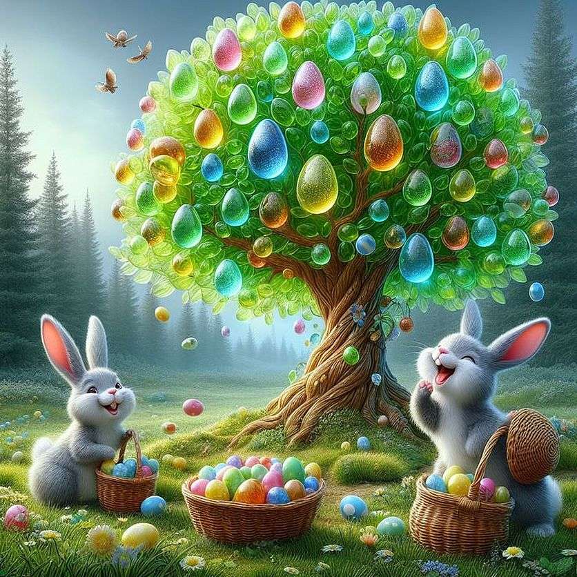 Wielkanocne drzewo i króliczki puzzle online