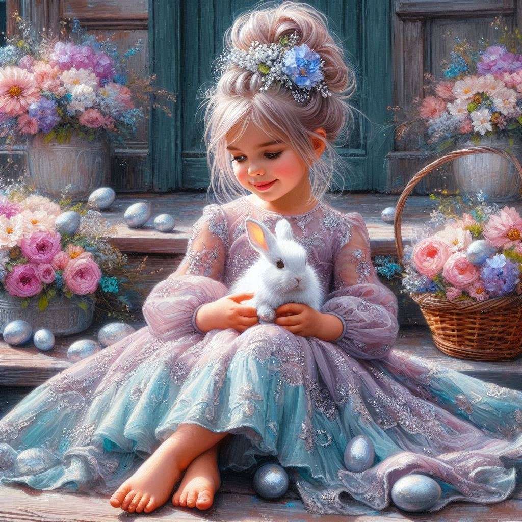 Śliczna dziewczyna i królik wielkanocny puzzle online