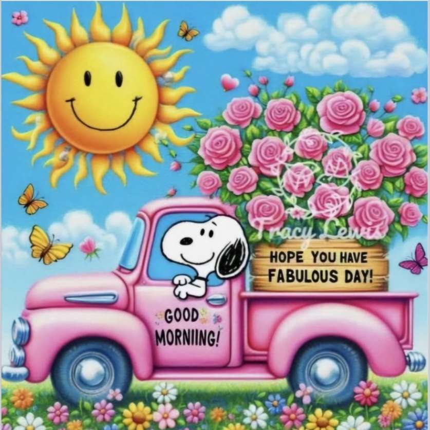 Snoopy ciągnie kwiaty w różowej ciężarówki puzzle online