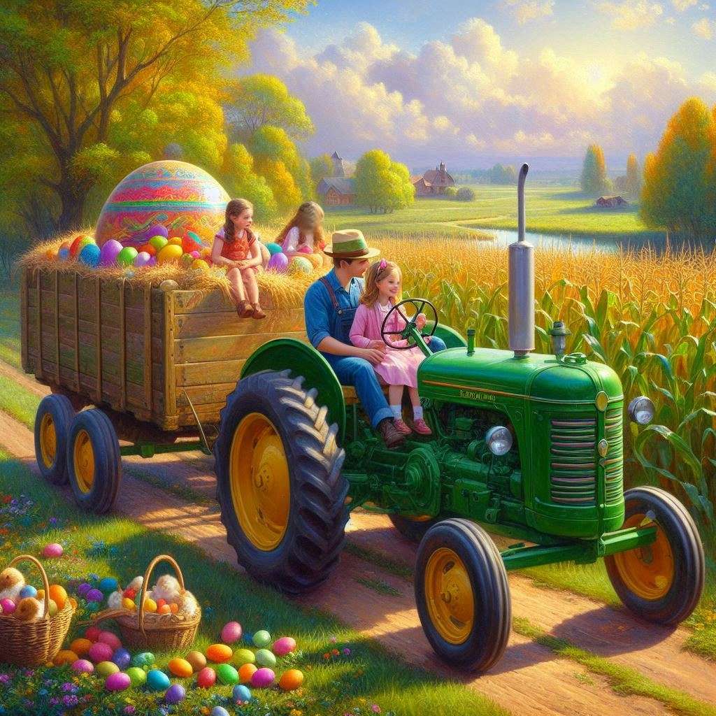 Malowniczy krajobraz z zielonym ciągnikiem puzzle online