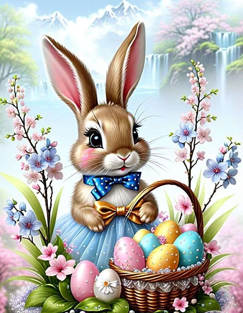 Oster Kaninchen, Ostereier, Blumen, Puzzlespiel online