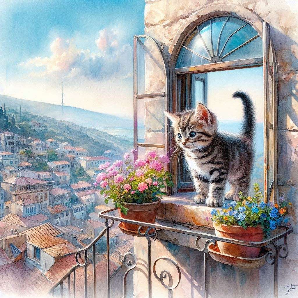 Stojak na kociak Tabby na zewnątrz puzzle online