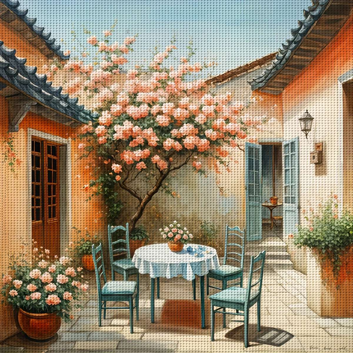 patio z kwitnącym drzewem puzzle online
