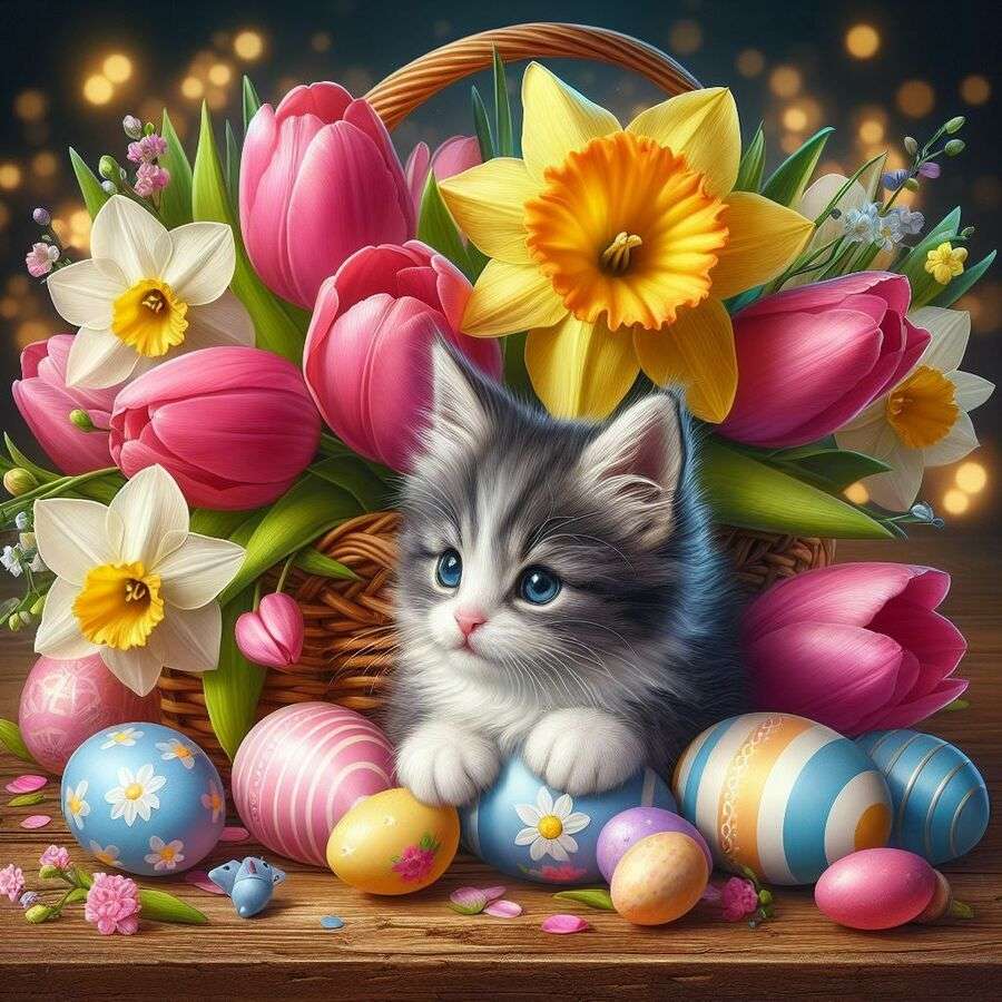 Jajka wielkanocne, kwiaty i kotek puzzle online