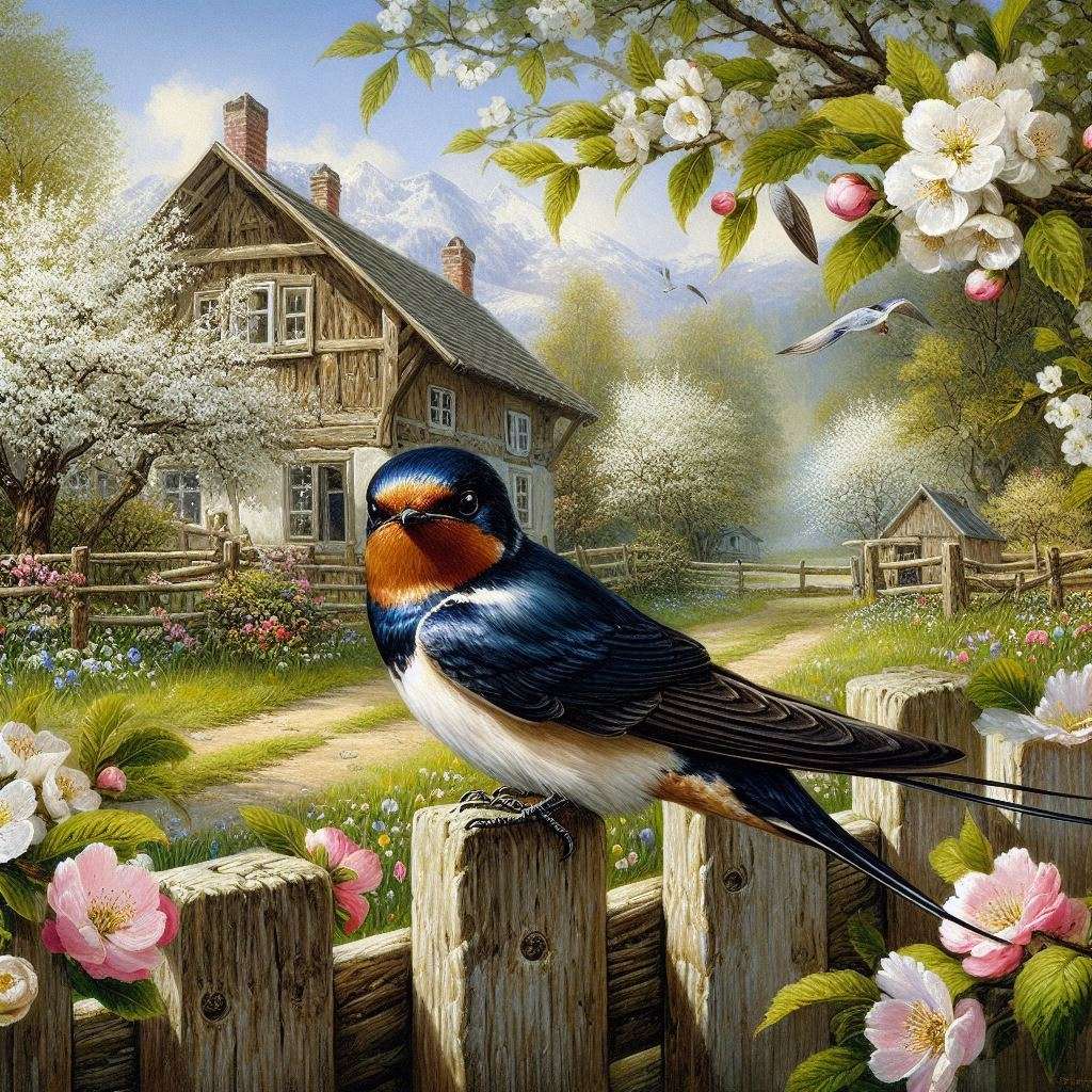 A country swallow perched on a wooden fence jigsaw puzzle online
