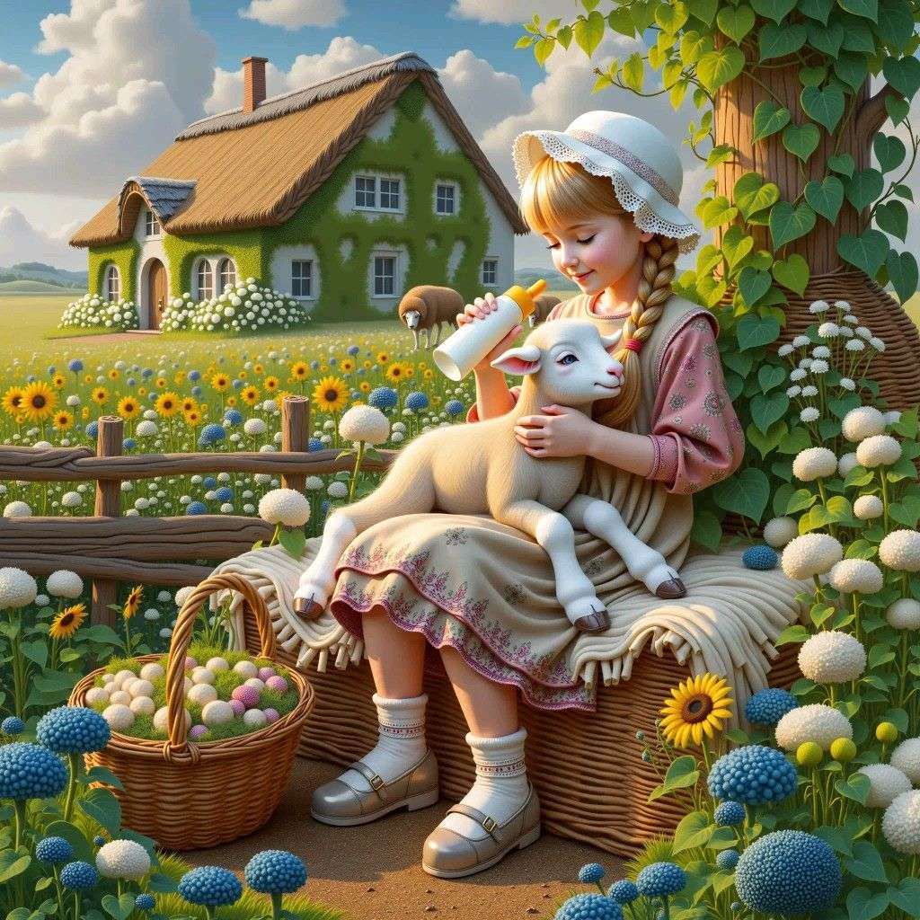 Dziewczyna karmi baranki puzzle online