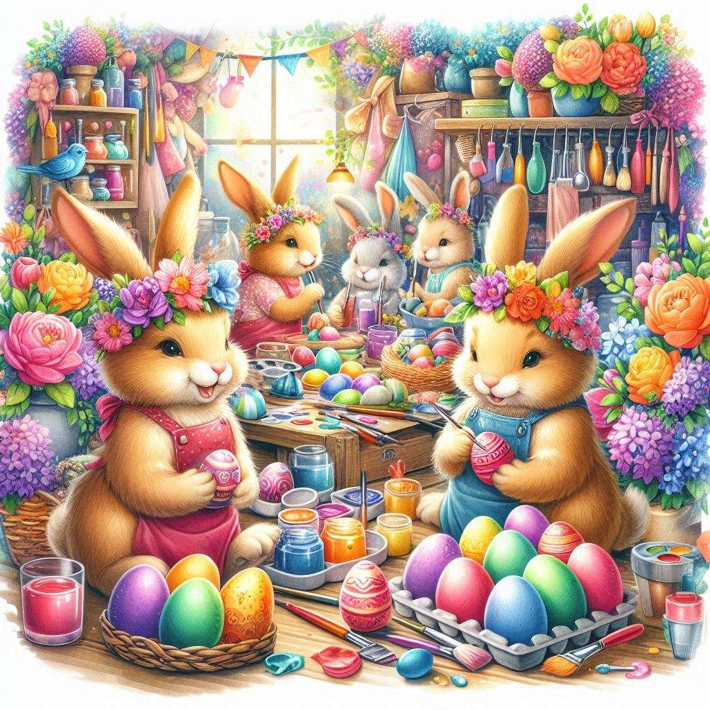 A húsvéti nyuszi tojásfestéssel vannak elfoglalva online puzzle