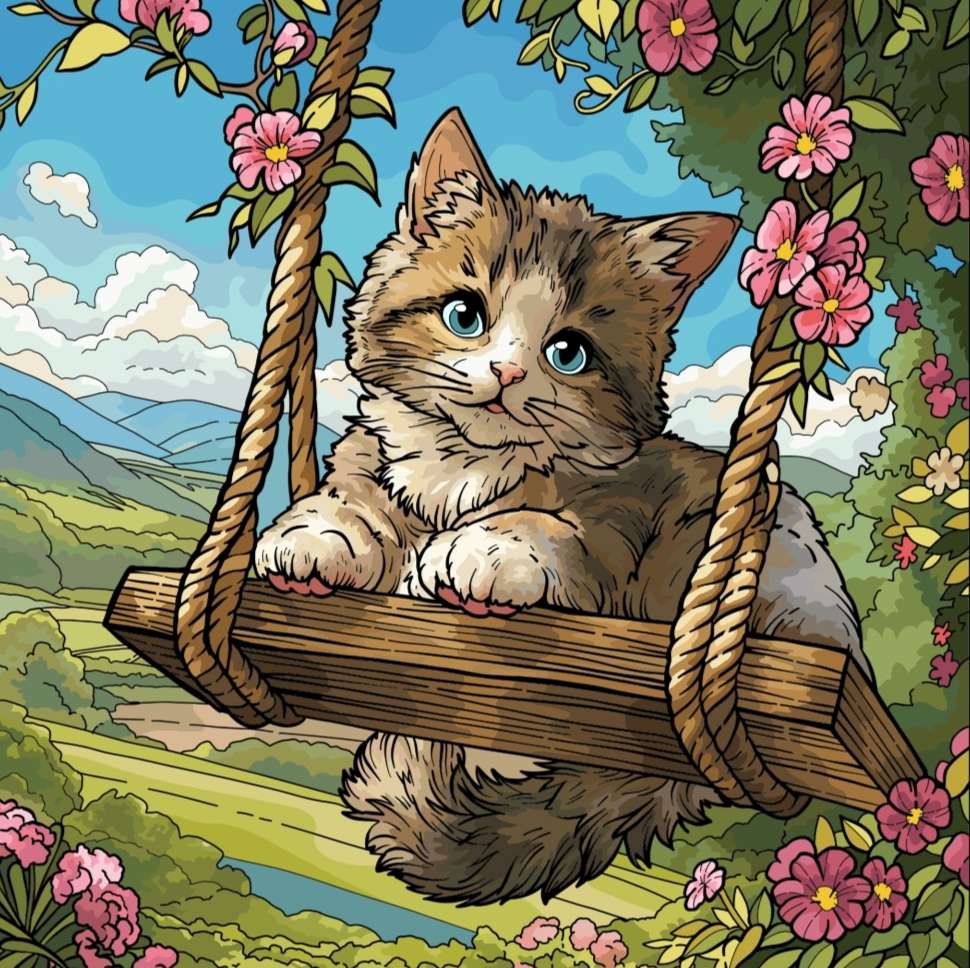 Gatinho em um balanço com flores puzzle online